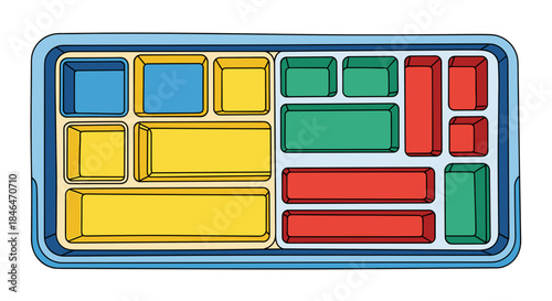 Colorful toolbox tray with red, green, and yellow compartments, isolated on white background, top view illustration