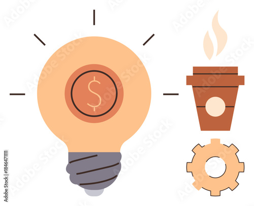 Light bulb with dollar sign, steaming coffee cup, and gear. Ideal for innovation, entrepreneurship, inspiration, productivity, finance strategy and creative thinking. A simple flat metaphor