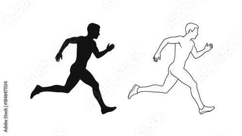 Two figures in running poses one solid and one outlined side by side