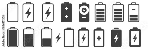 Battery icon set, battery charge level and battery charging icons, vector illustration perfect for app design.