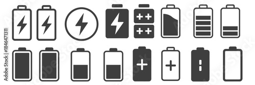 Battery icon set featuring battery charge level indicators and charging symbols, ideal for mobile applications, app interfaces, digital dashboards.