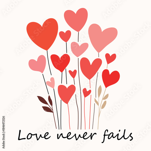 Love Never Fails – Romantic Heart Flower Illustration with Soft Red and Pink Hearts in Minimal Flat Vector Style