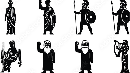 Ancient Greek mythological figures and warriors in black silhouette