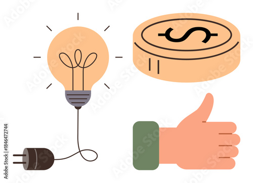 Lightbulb connected to plug, a coin with a dollar symbol, and a thumbs-up hand gesture. Ideal for creativity, innovation, investment, savings, success decision-making motivation. Simple flat
