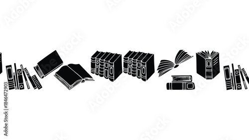 Collection of books and office supplies in black and white