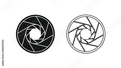 Two camera aperture icons one filled and one outlined shown in black and white