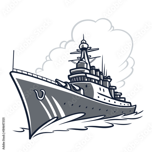 Gray warship with smoke from stack on water boat vessel 1