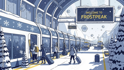 Winter train station scene with passengers and snow Frostpeak welcome sign illustration for travel a