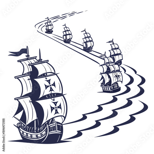 Navy ships sailing in v formation on wavy lines 1