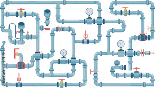 Industrial pipeline system illustration with pressure gauges valves pipes for engineering plumbing mechanical infrastructure design