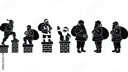 Santa Claus climbing down chimneys in various poses with sack
