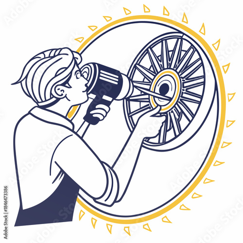 Hand assembling turbine inside glowing frame assembly