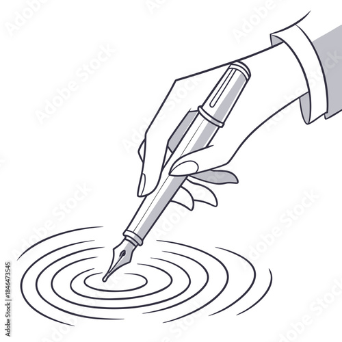 Hand holding fountain pen touching water surface creating ripples