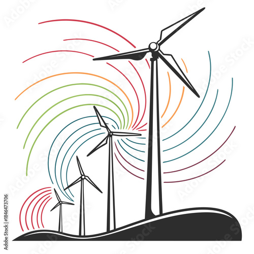 Wind turbines with neon airflow lines on a hill neon lines