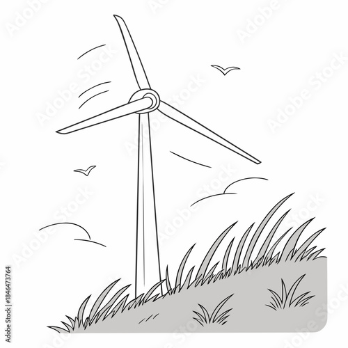 Wind turbine on grassy hill with birds flying turbine blades