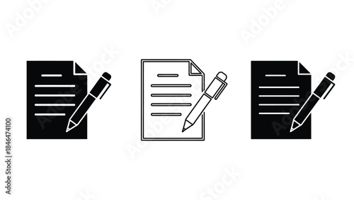 Black and white icons of documents and writing utensils arranged in a row
