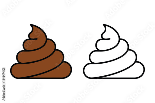 Poop emoji icons set with brown filled and line art outline versions
