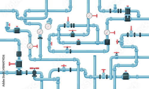 Industrial water pipeline system, complex plumbing pipes valves gauges infrastructure illustration for engineering schematic design