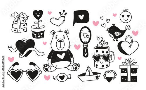 Love Doodle. Valentines Day Set. Isolated Cute Teddy Bear Toy, Bird, Bespectacled Cup, Door Lock, Romantic Symbols and Heart. Comprehensive Black Hand Drawn Elements. Vector Illustration. Not AI