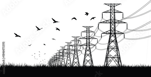 High voltage transmission towers silhouette, electricity pylons landscape, power lines infrastructure, birds flying sky, energy distribution illustration, black and white vector art
