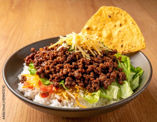 ・ご飯にタコミートと野菜をのせた日本のタコライス（架空）
・Japanese Taco Rice with Seasoned Minced Beef and Vegetables (Fictional)