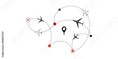 Airplane flying with dotted line route. Air travel journey concept. Aircraft flight path with start point, loop and destination.