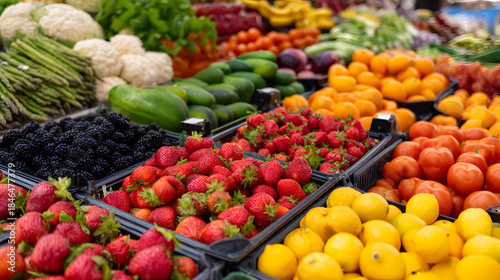 A Colorful Harvest: An abundant array of fresh produce. A vibrant composition of delicious fruits and vegetables, showcasing the bounty of the harvest.