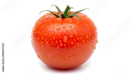 A fresh red tomato covered in water drops is clearly visible isolated