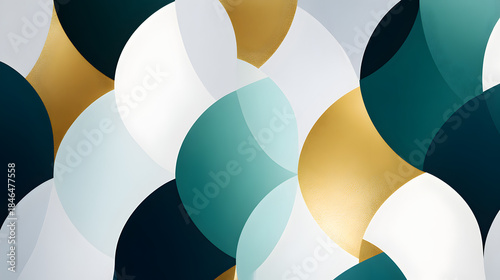 Elegant Abstract Floral Design: A sophisticated and abstract artwork featuring graceful, overlapping shapes in a palette of luxurious gold, deep teal, and pristine white.