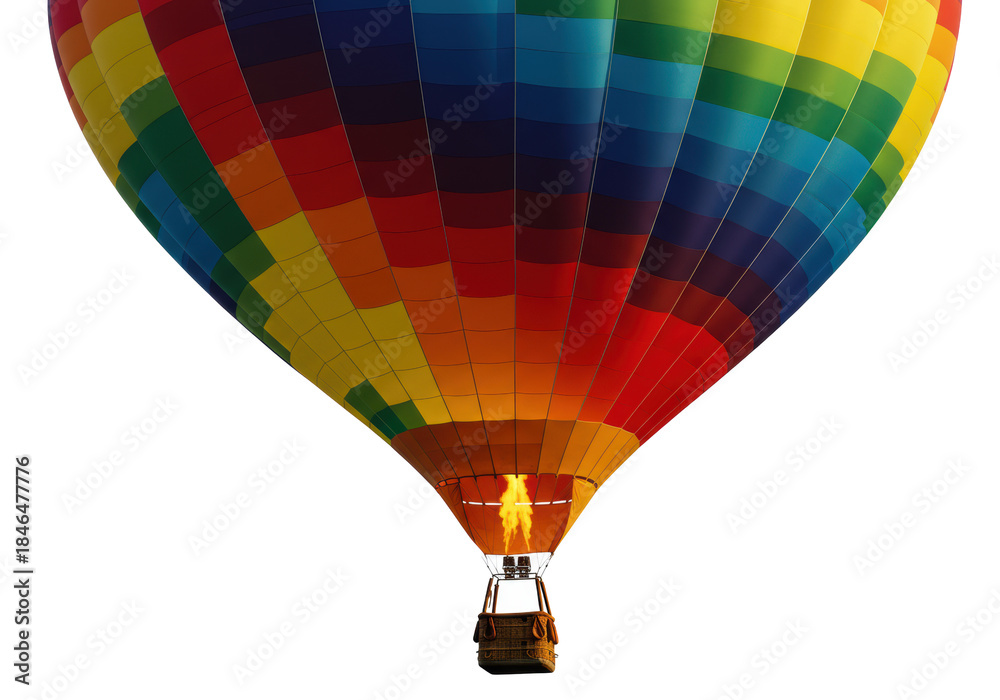 Fototapeta premium A large, vibrant hot air balloon with a dynamic, swirling full spectrum of bright colors and wicker basket, on a transparent background with copy space, concept of adventure and optimism