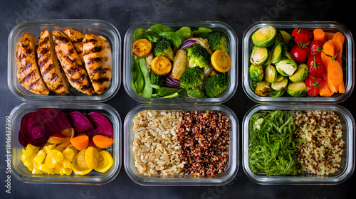 Nutritious Meal Prep: A visually enticing assortment of meticulously prepared meal prep containers showcase a variety of fresh, healthy ingredients, ready to fuel a balanced and vibrant lifestyle.