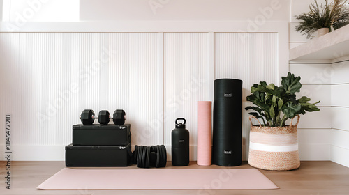 Serene Fitness Corner: A selection of exercise tools and essentials creates a sanctuary for health and wellness. including equipment for yoga and fitness. the essence of a peaceful workout space.