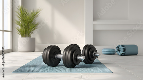 Fitness Essentials: A serene fitness scene, focusing on three weights, set upon a training mat with a minimalist design, ready for a workout.