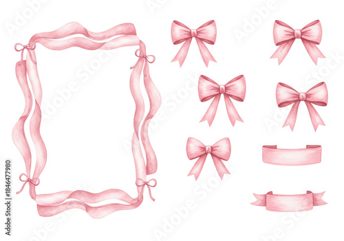 Soft pink watercolor ribbons and bows, including frames and isolated elements, hand-drawn on a transparent background with copy space, gentle elegant decorative design concept