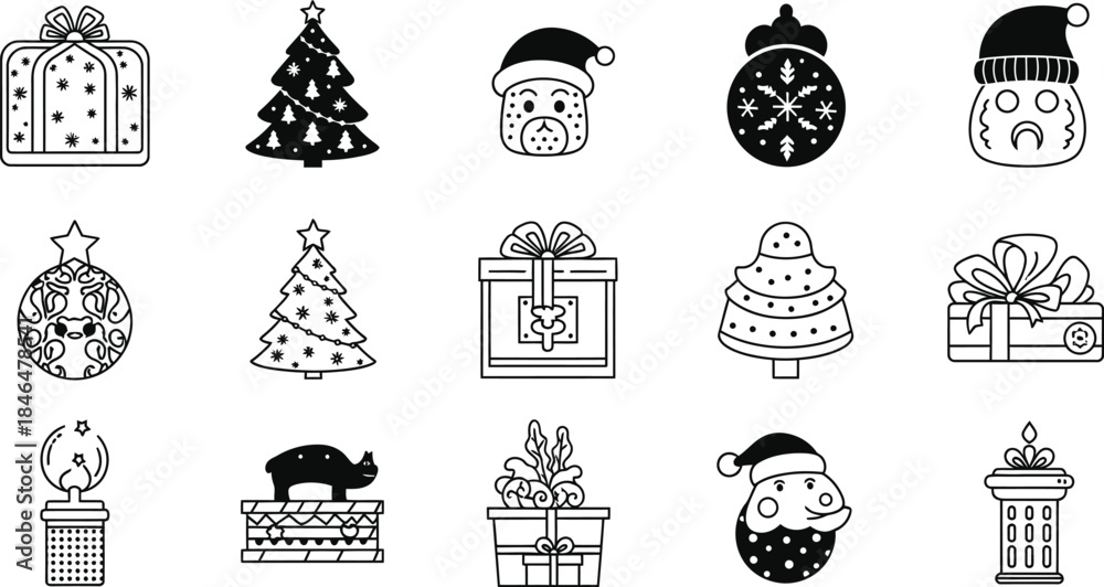 Naklejka premium Collection of festive black and white Christmas icons featuring gift boxes, decorated trees, Santa Claus, and holiday ornaments.