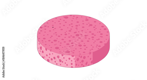 Pink sponge disk isolated on white background with porous texture and smooth round shape, minimalist design