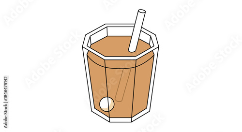 Illustration of oolong milk tea in a geometric glass with a straw, isolated on a white background