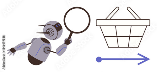 Robot inspecting basket with magnifying glass, symbolizing AI in e-commerce, shopping analysis, and data-driven decision-making. Ideal for retail automation, technology, innovation, market research