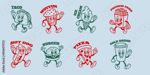 Fast food characters. Vintage mascot. Pizza, funny burger and hot dog. Taco Mexican, sweet muffin and ice cream. French fries snack. Line elements. Vector cartoon flat style isolated illustration set