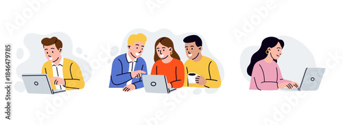 People working on laptop. Men and women using computer, online communication. Teamwork project, employee office work. Programmer or freelancer. Vector cartoon flat style isolated illustration