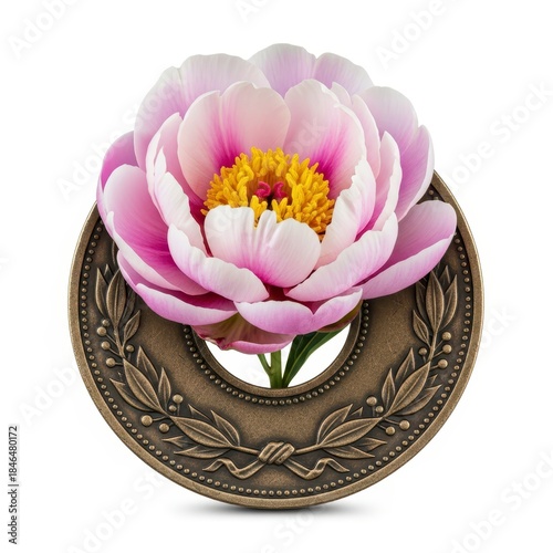 Pink Peony Blossom in Decorative Metal Frame on White