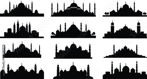 Islamic mosque silhouette collection, black vector icons, cultural architecture, domes and minarets, religious buildings, Islamic art, Muslim heritage, crescent symbols