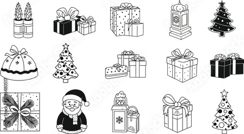 Collection of diverse Christmas gift boxes, festive trees, Santa Claus, and decorative lanterns in a charming holiday icon set.
