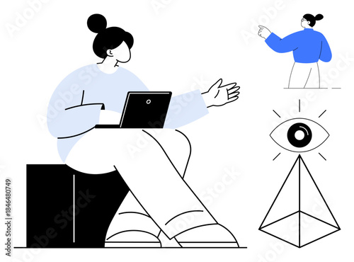Digital communication, online collaboration, technology innovation, creativity, remote work, conceptual design. Woman using a laptop, pointing figure pyramid with an eye. Digital communication