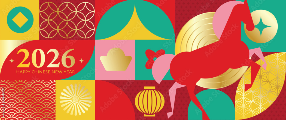 Obraz premium Happy Chinese New Year 2026 Year of the Horse vector geometric illustration with red gold green color blocks lantern patterns. Design for greeting cards posters banners packaging and background.