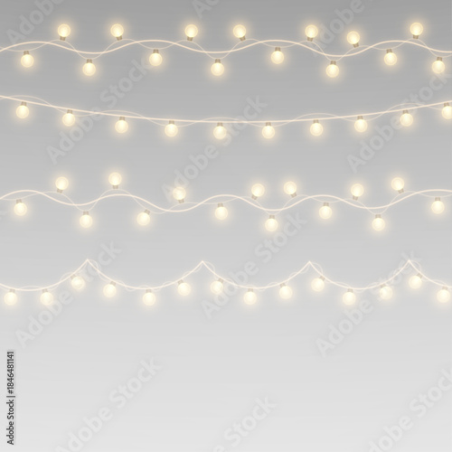 LED lamps and glowing garlands over a holiday stage. Bunting, bulbs, and fairy lights with festive overlays.