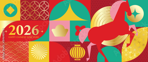 Happy Chinese New Year 2026 Year of the Horse vector geometric illustration with red gold green color blocks lantern patterns. Design for greeting cards posters banners packaging and background.
