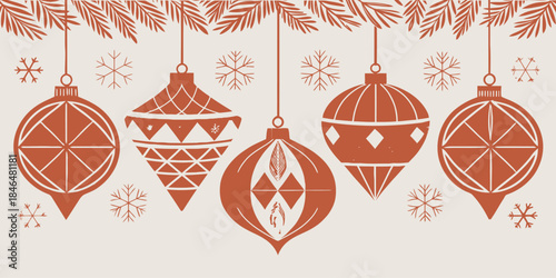 Vibrant Christmas ornaments hanging from pine branches with snowflakes