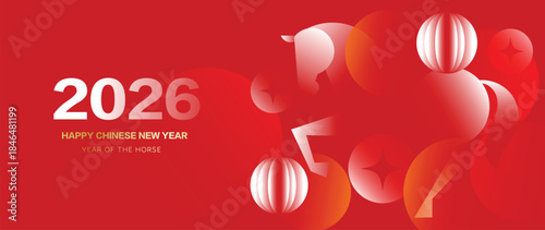  Happy Chinese New Year 2026 Year of the Horse vector illustration with red and gold zodiac horses lantern icons and lucky symbols. Design for greeting cards banners posters packaging and backgrounds.