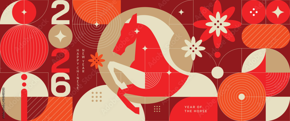 Naklejka premium Happy Chinese New Year 2026 Year of the Horse vector geometric illustration with red and gold lantern elements. Modern festive design for greeting cards posters banners packaging and backgrounds.